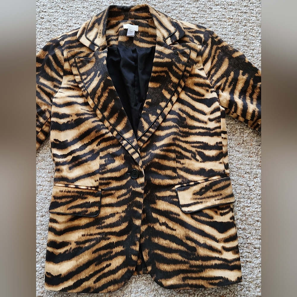 Classic Animal Print Chicos Tiger Striped Blazer Jacket Black Bronze Brown Gold